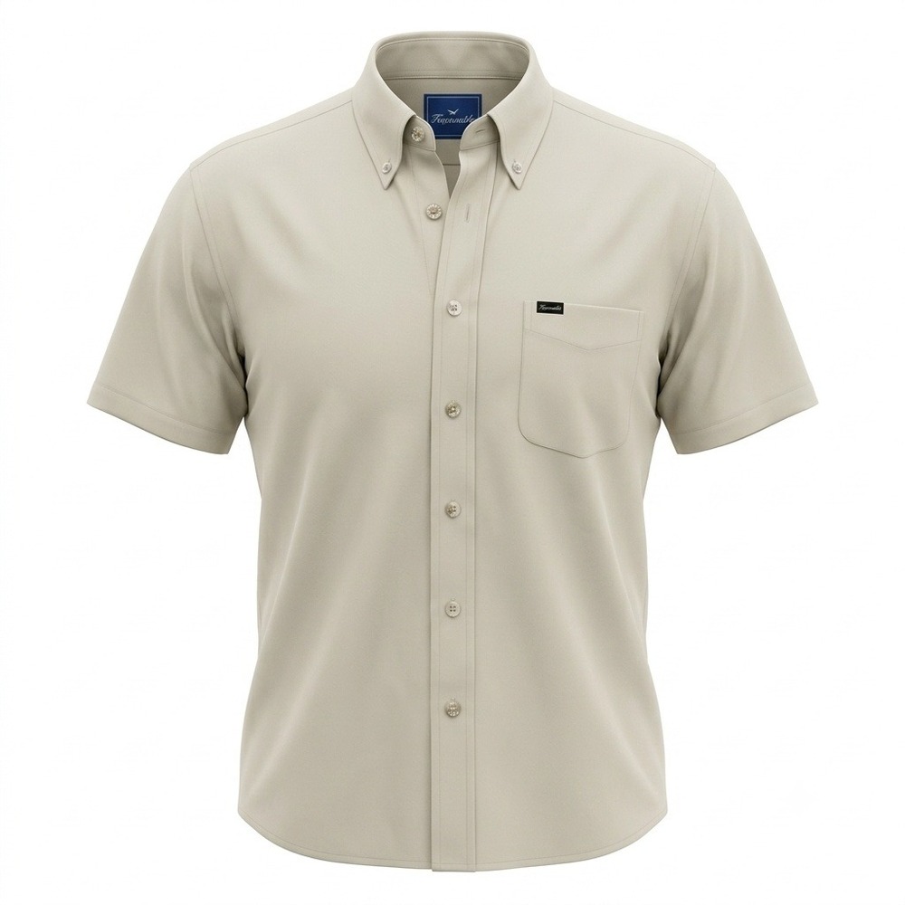 Faconnable Mens XL Beige Khaki Cotton Short Sleeve Button Down Shirt Classic VTG
